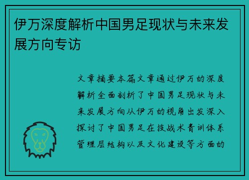 伊万深度解析中国男足现状与未来发展方向专访 伊万深度解析中国男足现状与未来发展方向专访